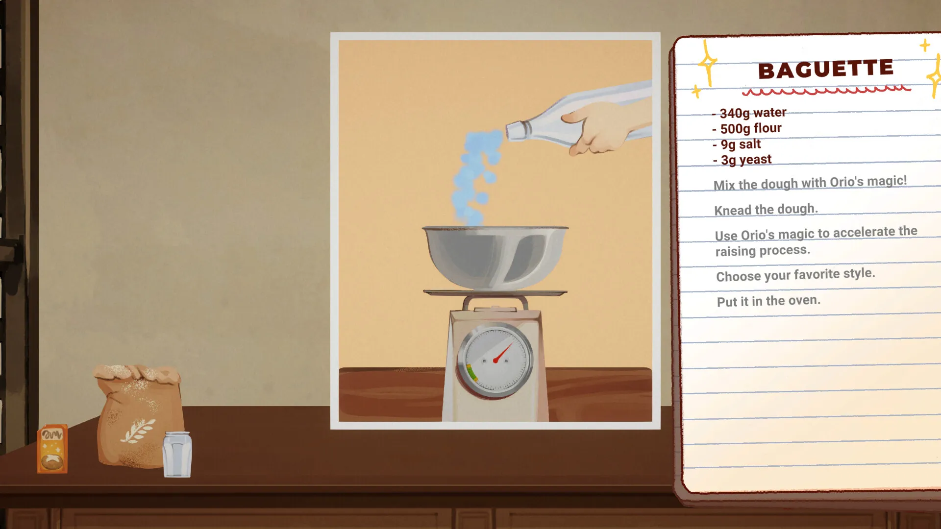 Official baguette recipe card with 340 g water, 500 g flour, 9 g salt and 3 g yeast.