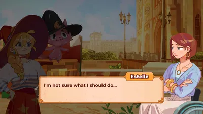 Estelle speaking with Lunne and Orio at an outdoor Paris table, with her name visible in the dialogue box.