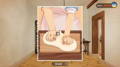 Lunne kneading dough with the current keyboard prompt shown beneath the minigame.