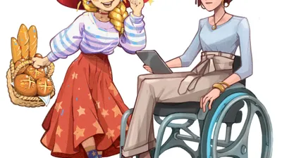Official illustration of Lunne holding a basket of bread beside Estelle, who sits in her wheelchair with a tablet.