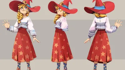 Official Lunne character design showing her red witch hat, bread-shaped braid and star-patterned skirt from three angles.