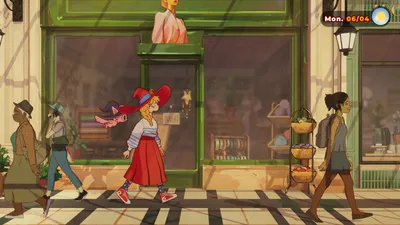 Lunne and Orio walking past a shop window on a covered Paris shopping street.