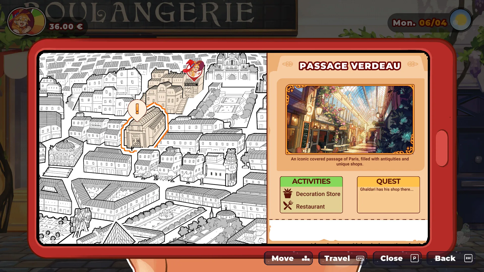 Official Paris phone map showing Passage Verdeau, its activities and a Ghaldari quest note.