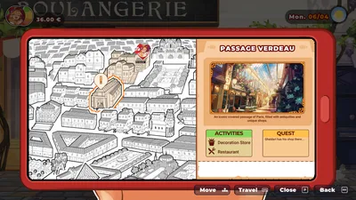 Phone map of Paris with Passage Verdeau selected, listing a decoration store, restaurant and Ghaldari quest note.