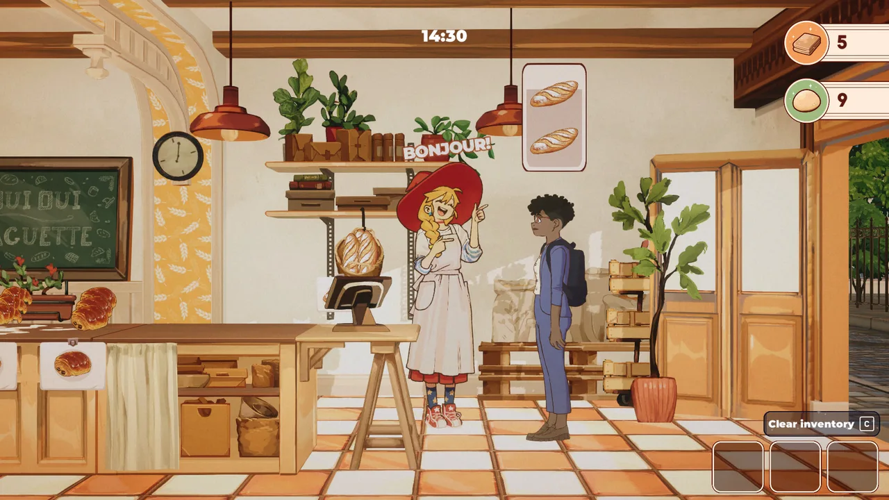 Lunne serving a customer in her warm, sunlit Paris bakery in The Witch's Bakery.