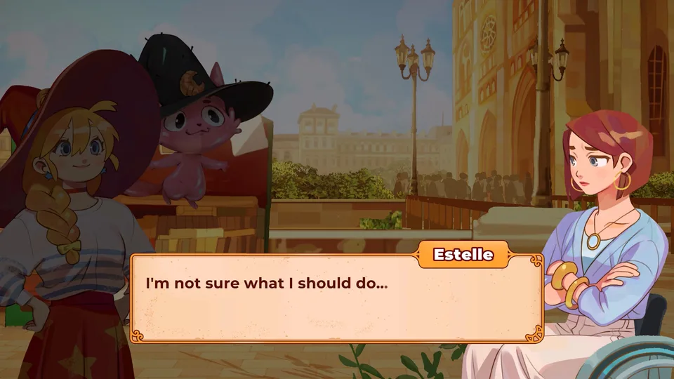 Estelle talking with Lunne and Orio at a table in Paris.
