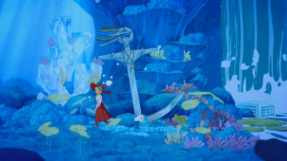 Lunne and Sadness beside waterfalls and platforms inside a blue Heart Palace.