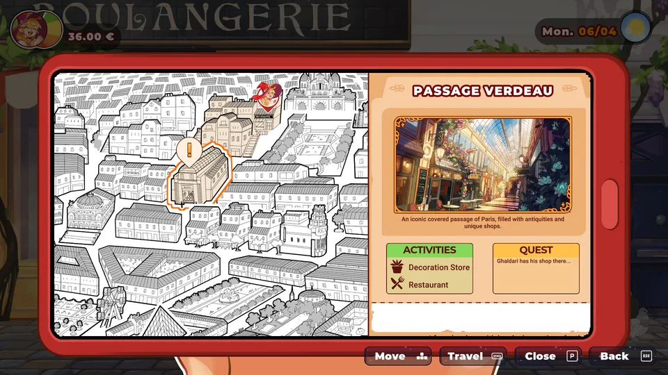 The in-game Paris phone map with Passage Verdeau selected and activities listed.